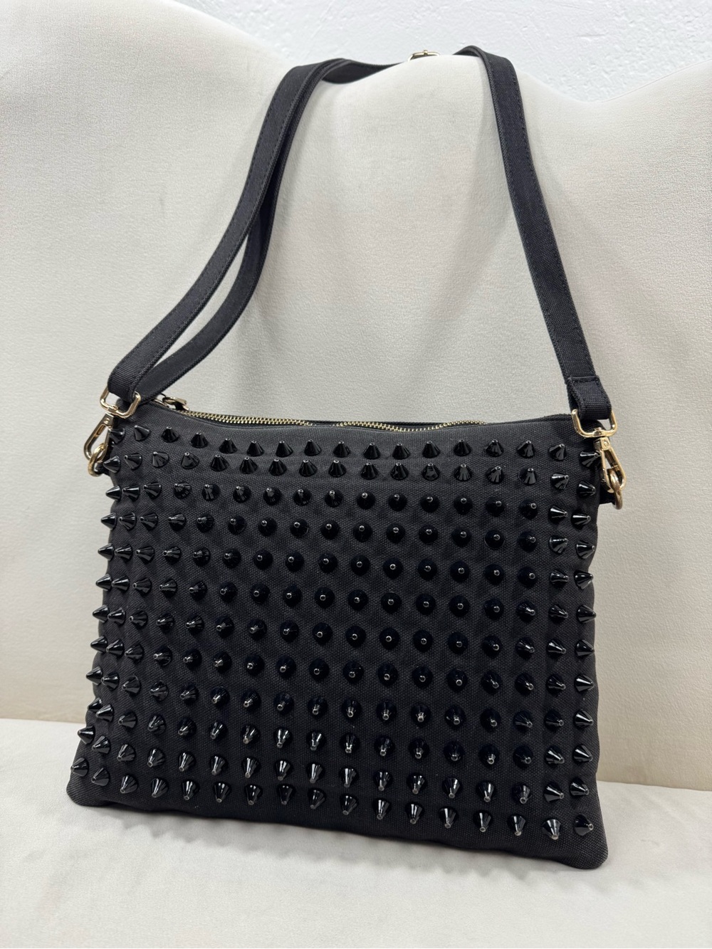 Black Studded Canvas Crossbody Tote Bag Punk Edgy Minimalist Gold Hardware